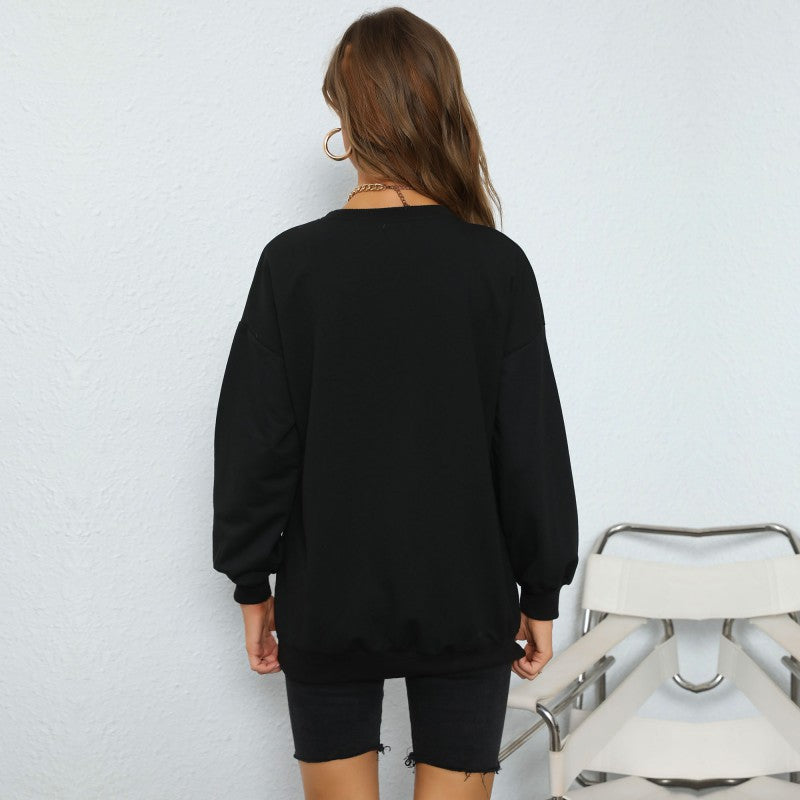 Damen Oversize College-Sweatshirt mit großem Frontprint, Rundhals & geripptem Saum Drune