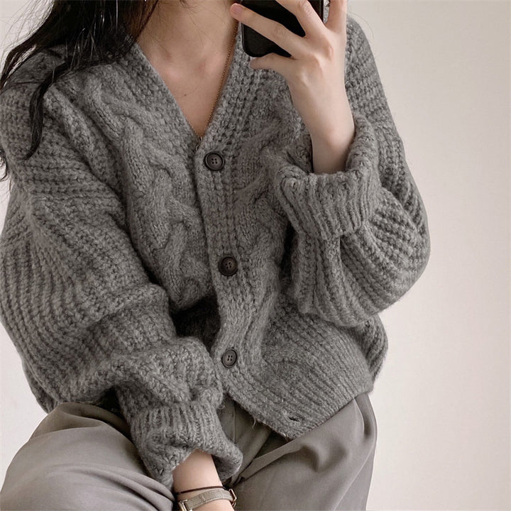 Damen kuschelige Strickjacke mit Zopfmuster und elastischen Ärmeln Drune
