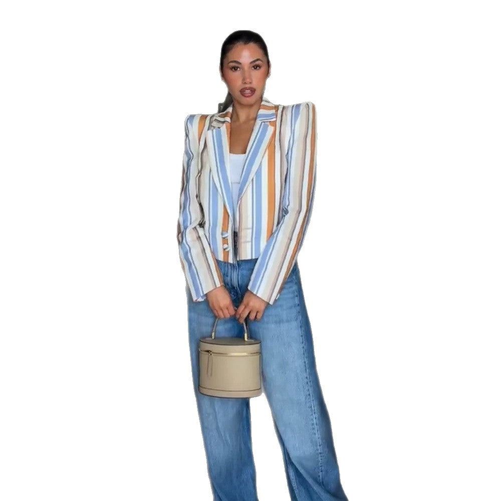 Damen Gestreifter Cropped-Blazer mit skulpturierter Schulterpartie Drune