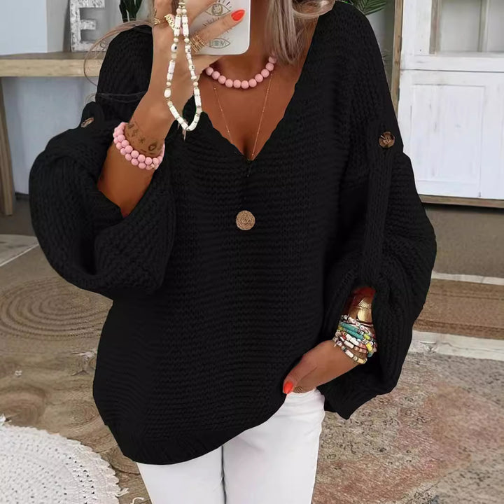 Damen weiter Strickpullover mit V-Ausschnitt, Ballonärmeln und Knopfdetail Drune