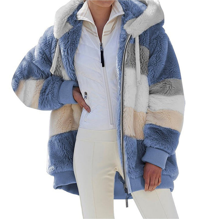 Damen nan oversized Kunstfell-Patchwork Kapuzenjacke mit Rippbündchen und Zweiwege-Reißverschluss Drune