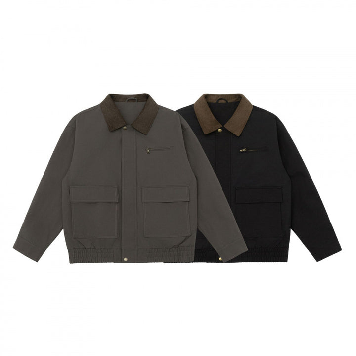 Unisex Kastenförmige Utility-Jacke mit Cordkragen, aufgesetzten Pattentaschen und elastischem Saum Drune