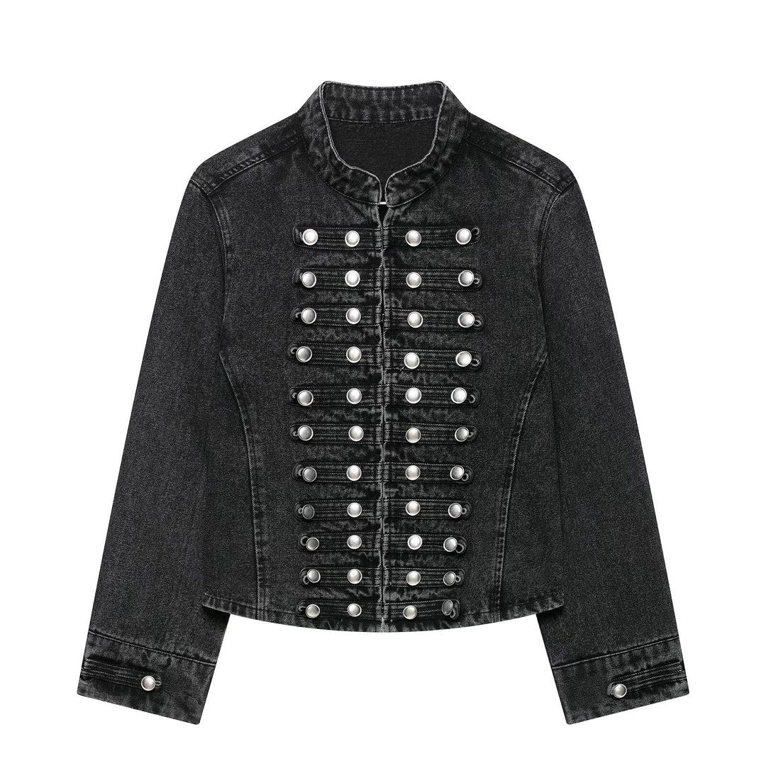 Damen Taillierte Denim‑Blazerjacke im militärisch inspirierten Marschallstil mit Zierknopfleiste Drune