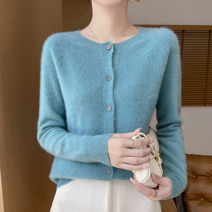 Damen Kurzgeschnittener Feinstrick-Cardigan mit Rundhalsausschnitt und schimmernder Knopfleiste Drune