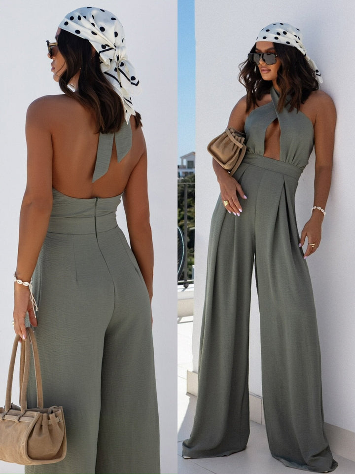 Damen Jumpsuit mit tiefem V-Ausschnitt und weiten Beinen Drune