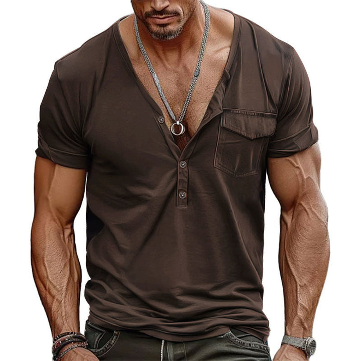 Herren Kurzarm-Henley-T-Shirt mit dekorativer Brusttasche und modernem Schnitt Drune