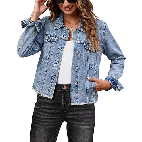 Damen Kurz geschnittene Denim-Jacke mit fransigem Saum und Brusttaschen Drune