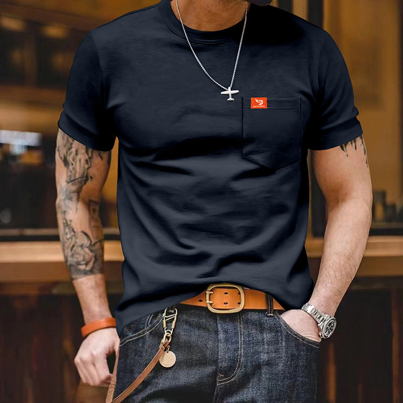 Herren klassisches Kurzarm T-Shirt mit Brusttasche aus hochwertiger Baumwolle Drune