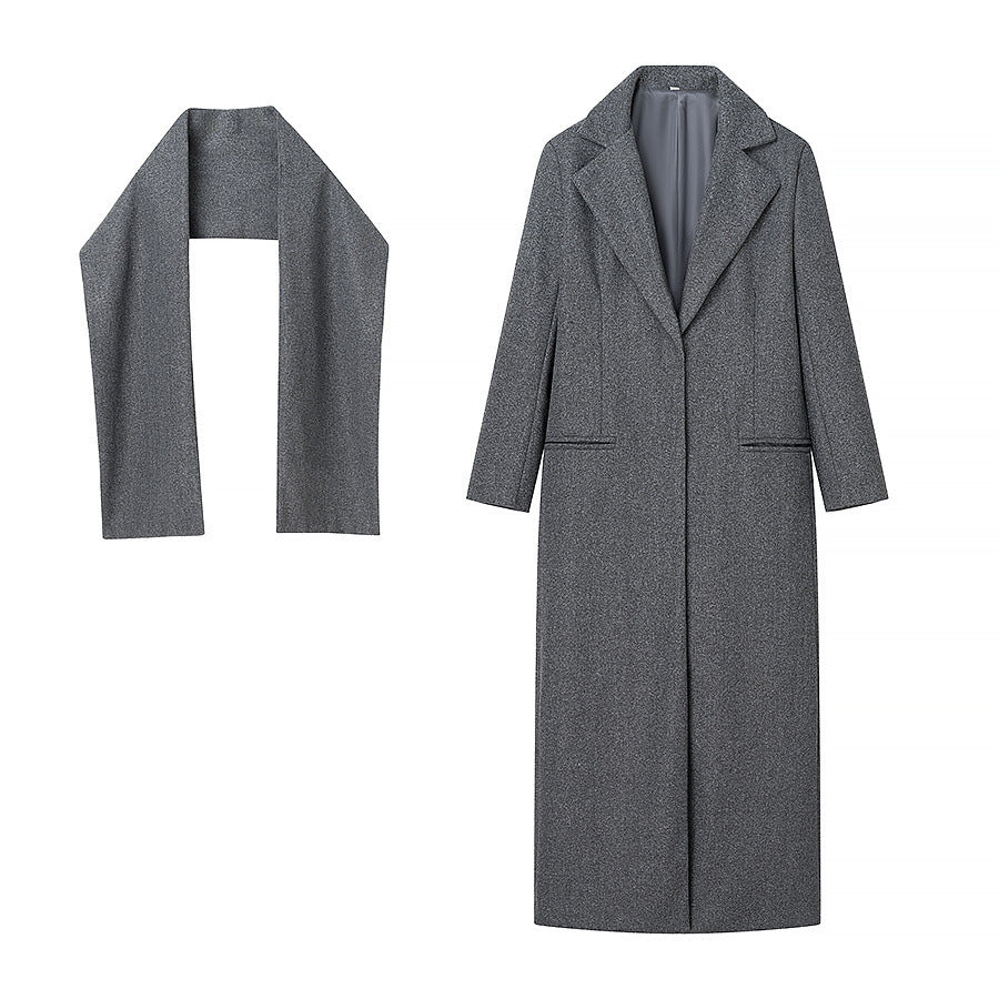 Damen nan lang geschnittener Mantel mit integriertem Rollkragen‑Schal und minimalistischer Einreiher‑Silhouette Drune