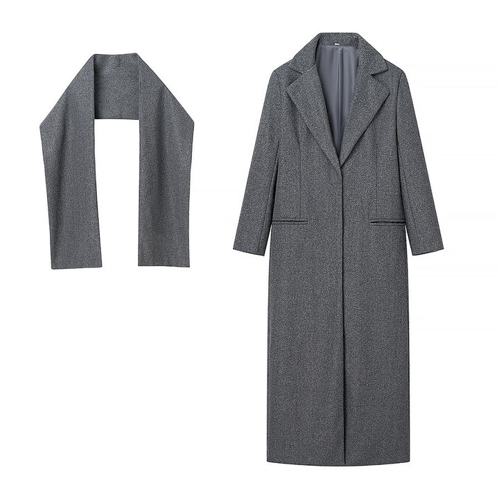 Damen nan lang geschnittener Mantel mit integriertem Rollkragen‑Schal und minimalistischer Einreiher‑Silhouette Drune