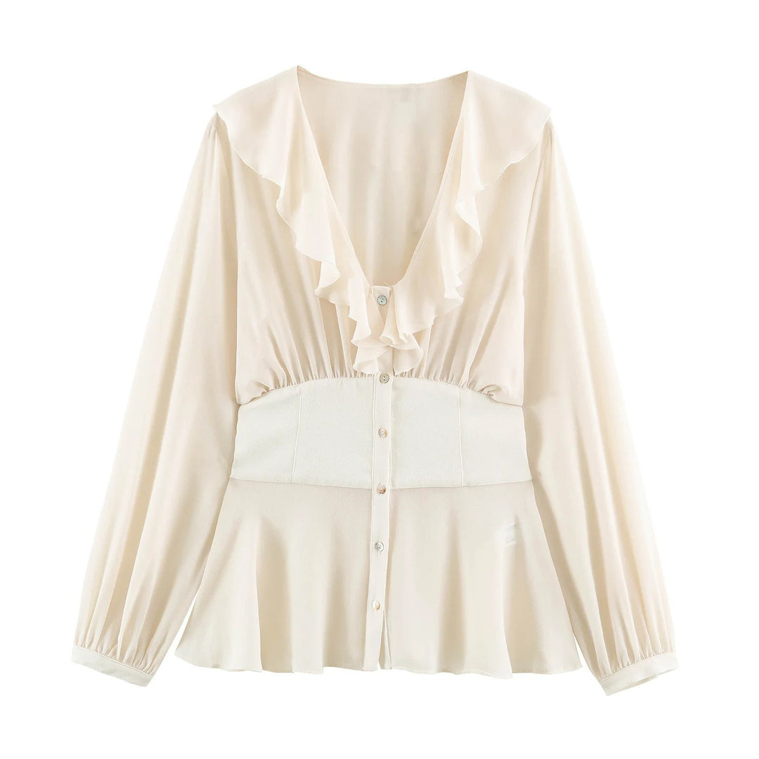 Damen Filigrane V‑Neck‑Bluse mit Volantkragen, taillierter Bundpasse und Ballonärmeln Drune