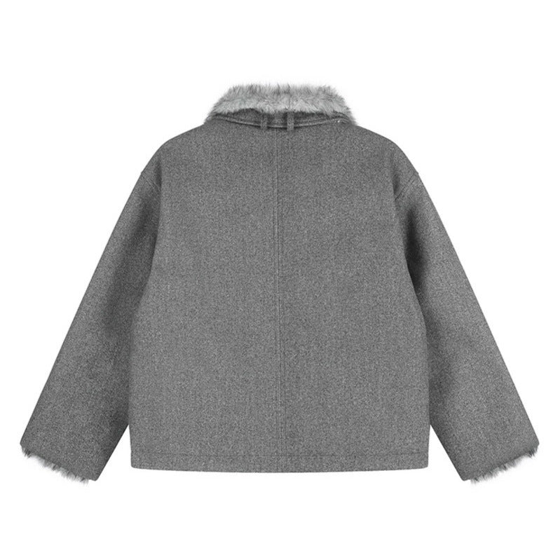 Damen Kurz geschnittene Wolljacke mit Kunstfellbesatz und asymmetrischer Knopfleiste Drune