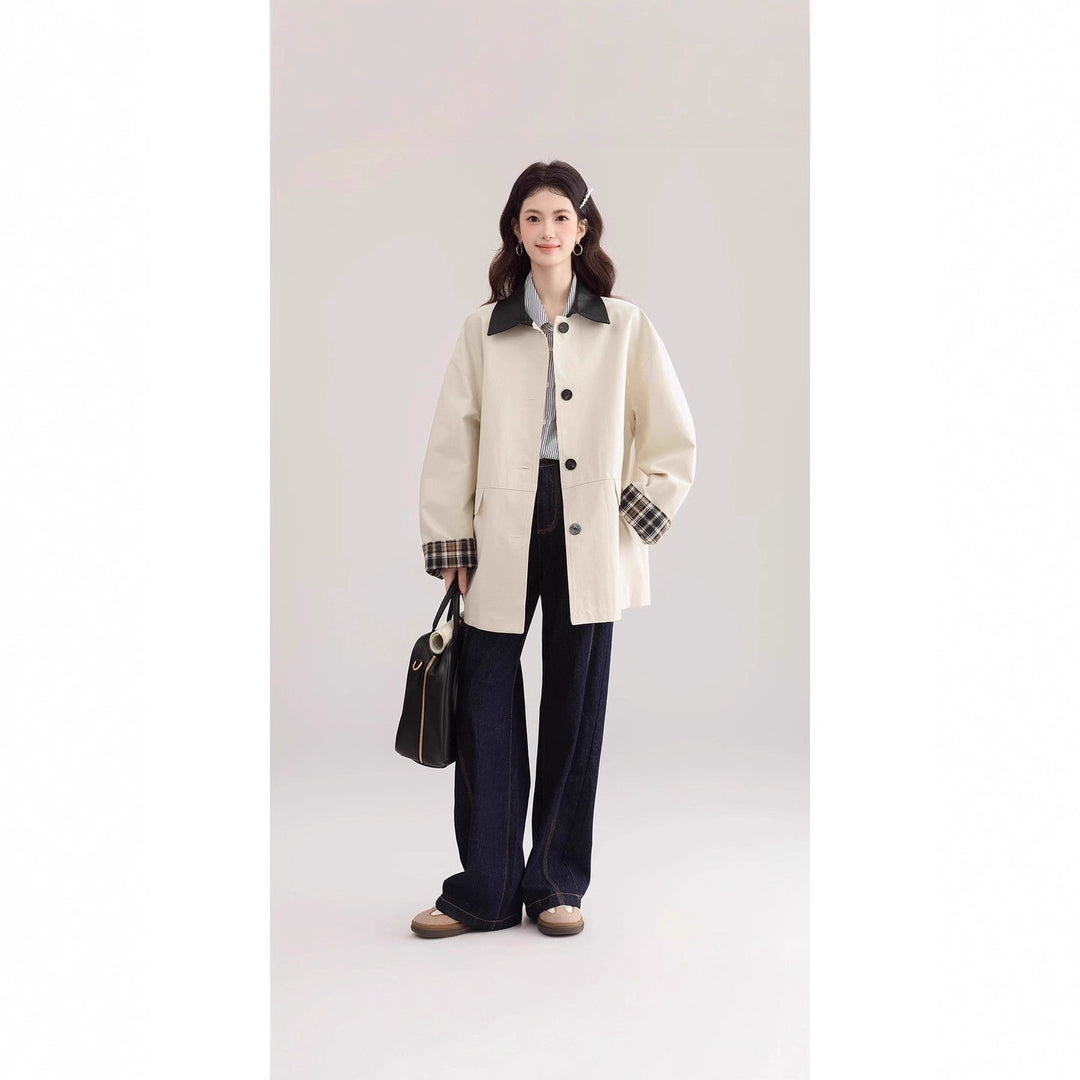 Damen Oversized Trenchcoat mit Kontrastkragen und Karo-Futter Drune