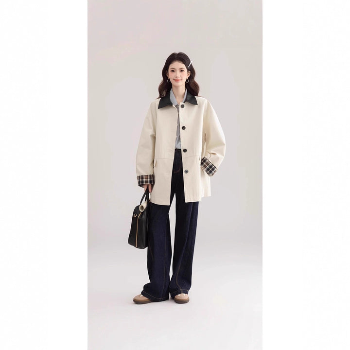 Damen Oversized Trenchcoat mit Kontrastkragen und Karo-Futter Drune