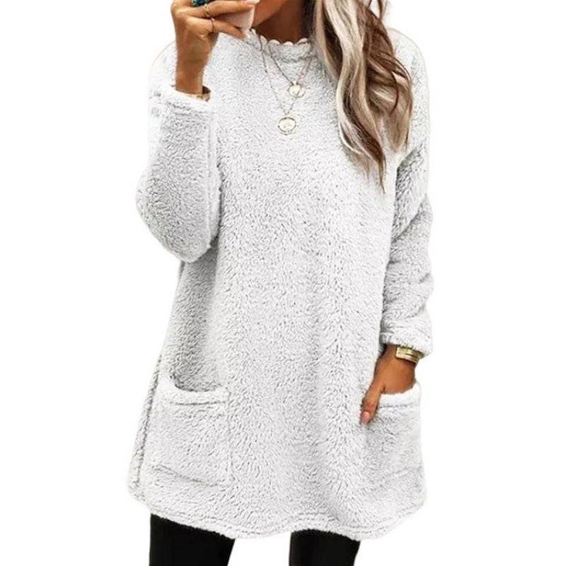 Damen nan kuscheliger langer Teddy-Pullover Oversize mit Rundhalsausschnitt und Eingrifftaschen Drune