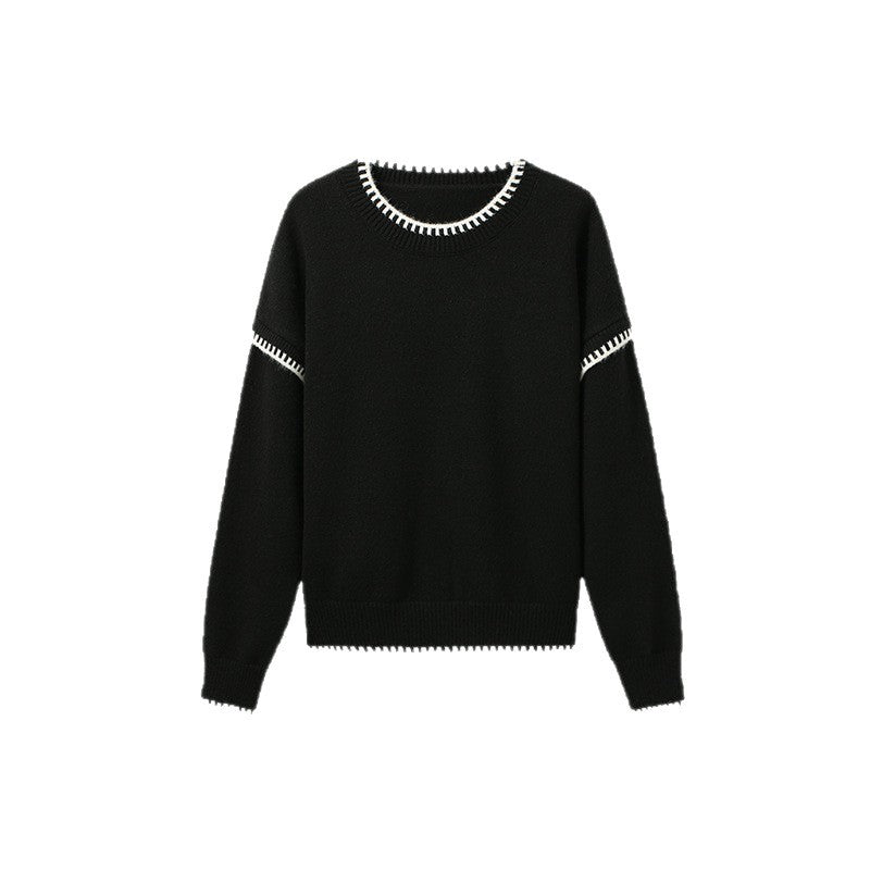 Damen lässiger Strickpullover mit breitem Rundhalsausschnitt und Übergangs-Streifenmuster Drune