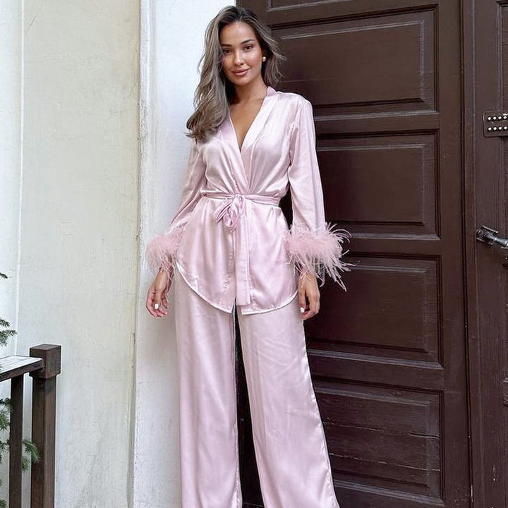 Damen elegantes Satin-Pyjama-Set mit modischen Federdetails Drune