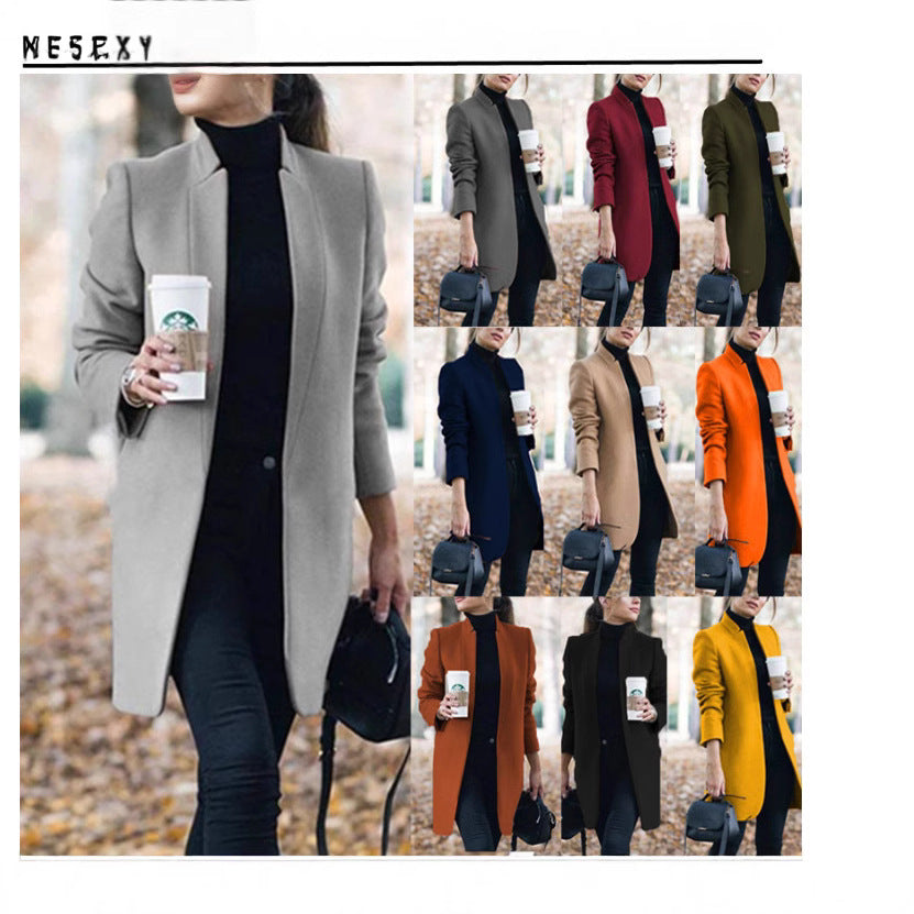 Damen nan taillierter Longblazer-Mantel mit Stehkragen und verdeckter Verschlussleiste Drune