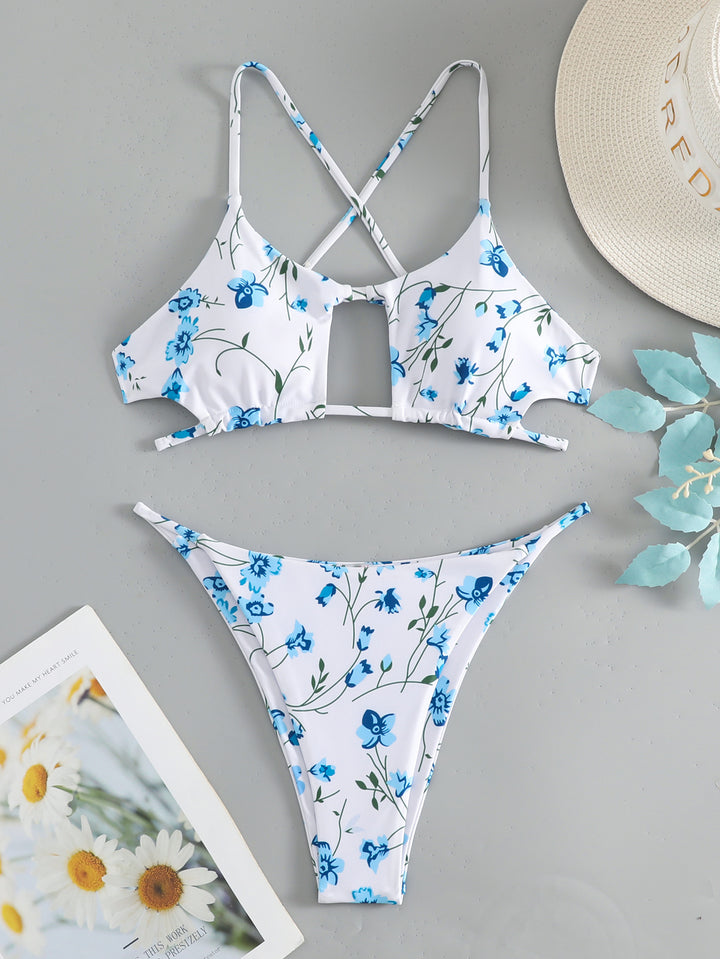 Damen Triangel-Bikini mit versetzten Trägern und floralem Muster Drune