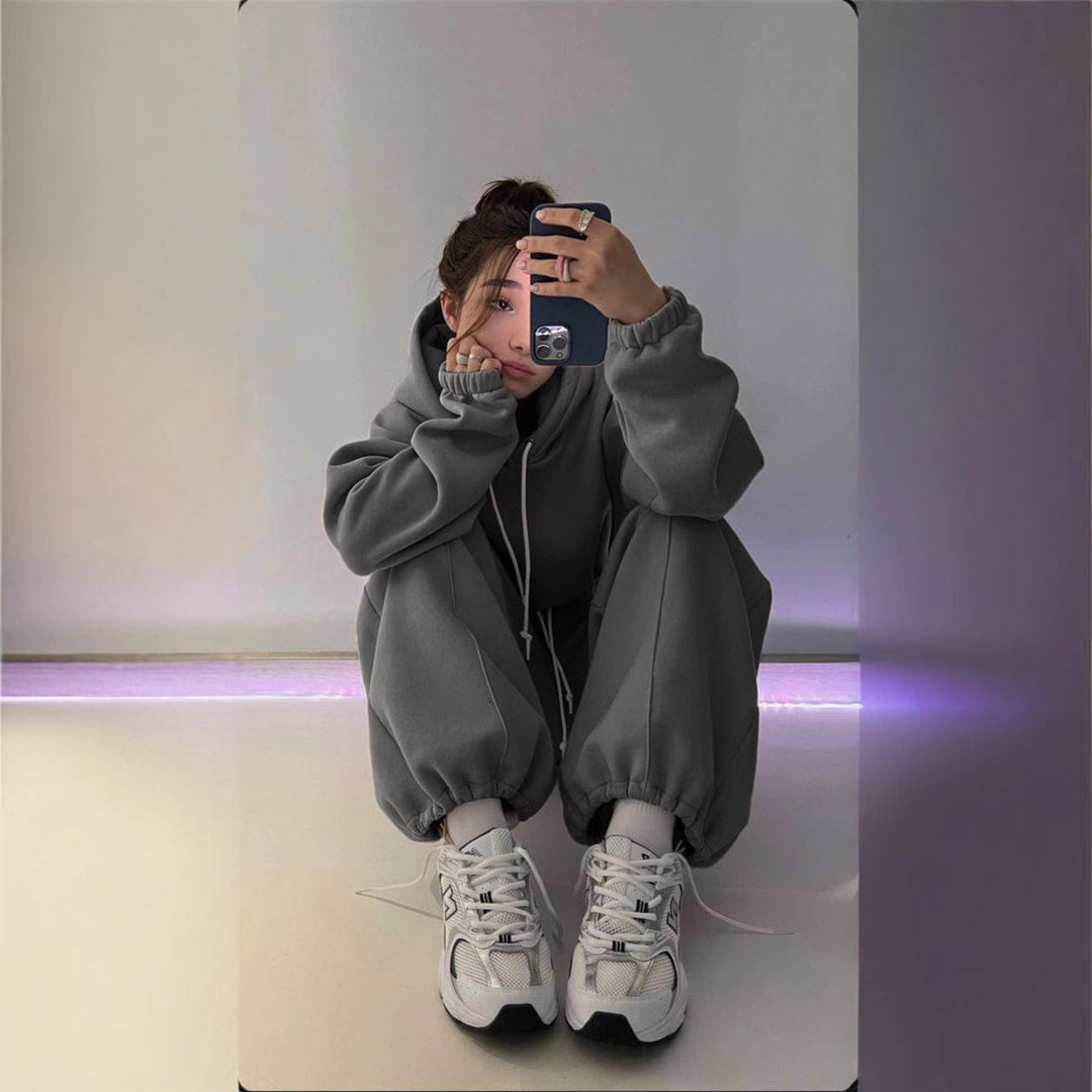 Damen Oversize-Hoodie und Jogginghose Set mit weichem Innenfutter, verstellbarer Kordel und hochgezogenem Bund Drune