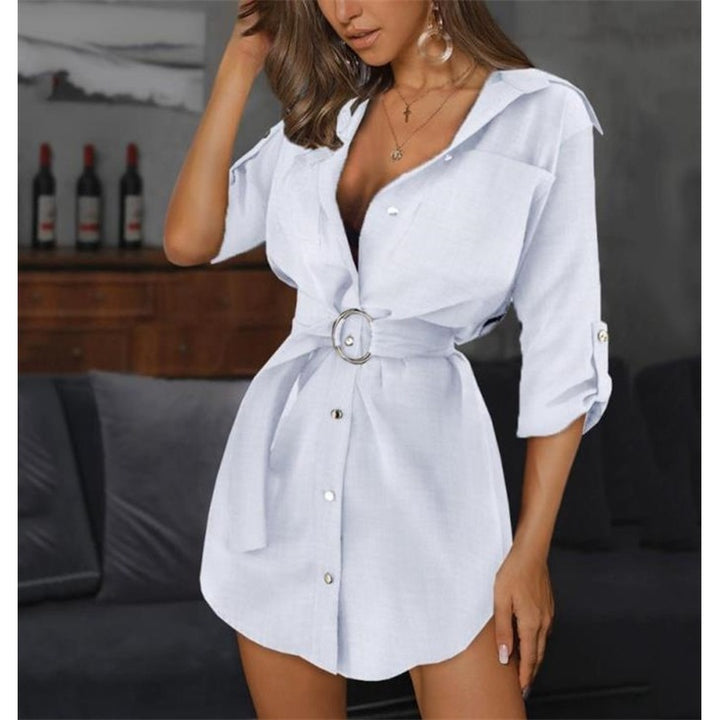 Damen Kurzarm Hemdblusenkleid mit Gürtel und Knopfleiste Drune