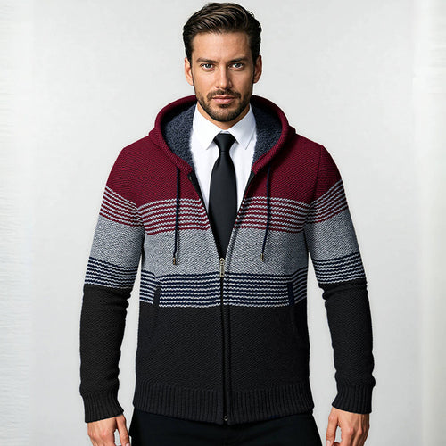Herren Kapuzen-Strickzipjacke mit farbverlaufendem Blockstreifenmuster und thermischer Struktur Drune