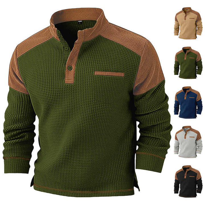 Herren nan Waffelstrick-Henley mit Stehkragen, Cord-Schulterpasse und Brustpaspel Drune