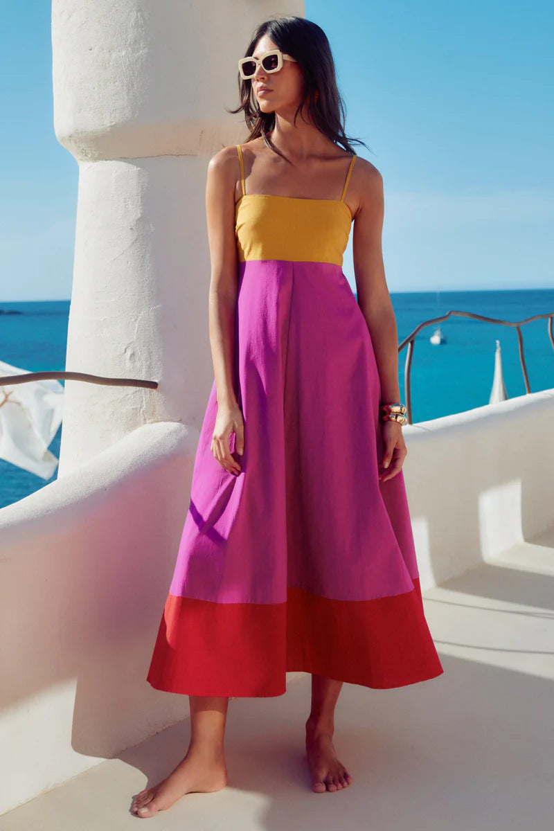 Damen Maxikleid mit farbenfrohem Blockdesign und verstellbaren Spaghettiträgern Drune
