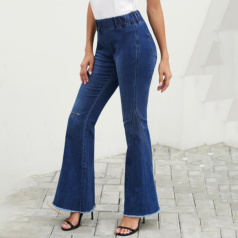 Damen hochtaillierte ausgestellte Denim-Hose mit elastischem Tunnelzugbund, Ziernähten und rohem Saum Drune