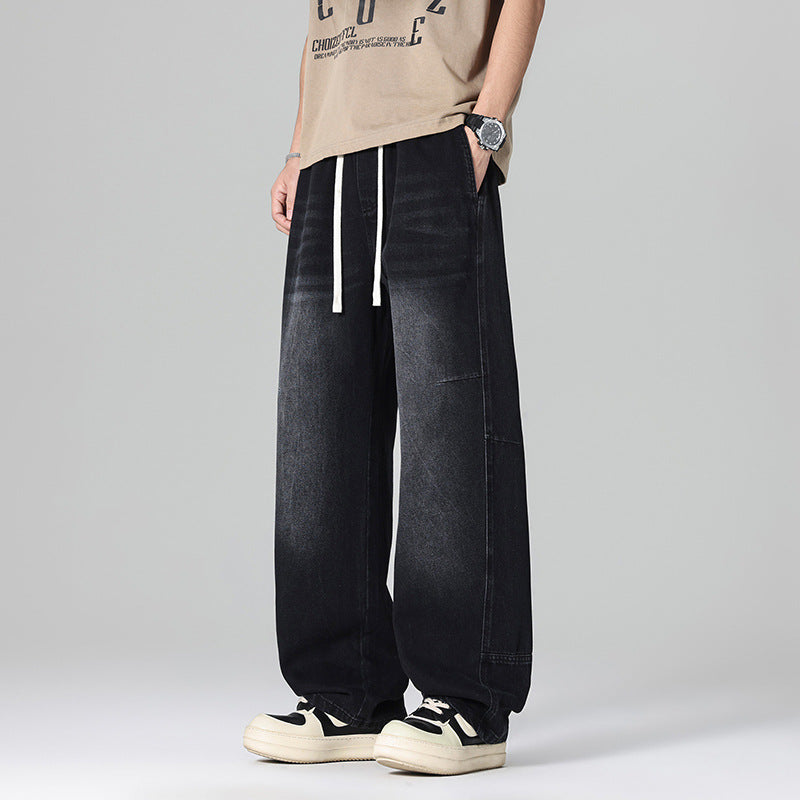 Herren Weitgeschnittene Denim-Hose mit hohem Bund und elastischem Bund