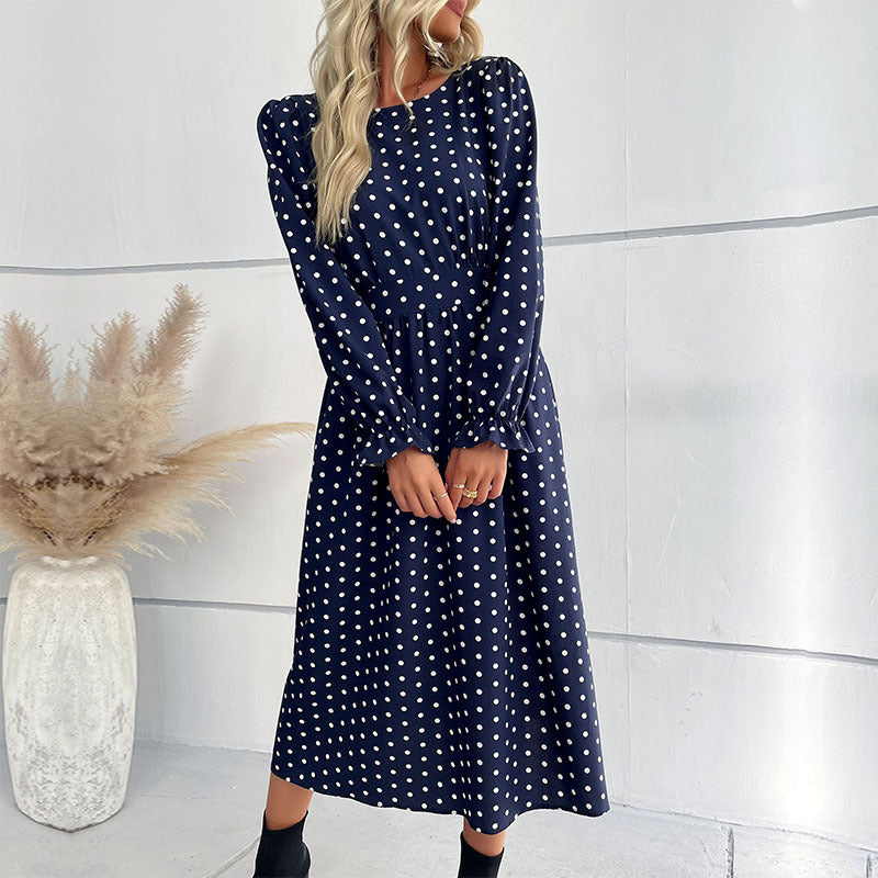 Damen Gepunktetes Midikleid mit geraffter Taille und Ballonärmeln Drune