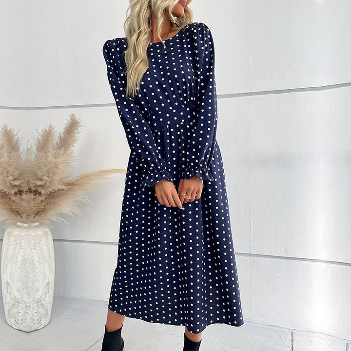 Damen Gepunktetes Midikleid mit geraffter Taille und Ballonärmeln Drune