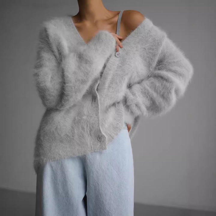 Damen kuschelige Strickjacke mit voluminösen Ärmeln und eleganten Knopfdetails Drune