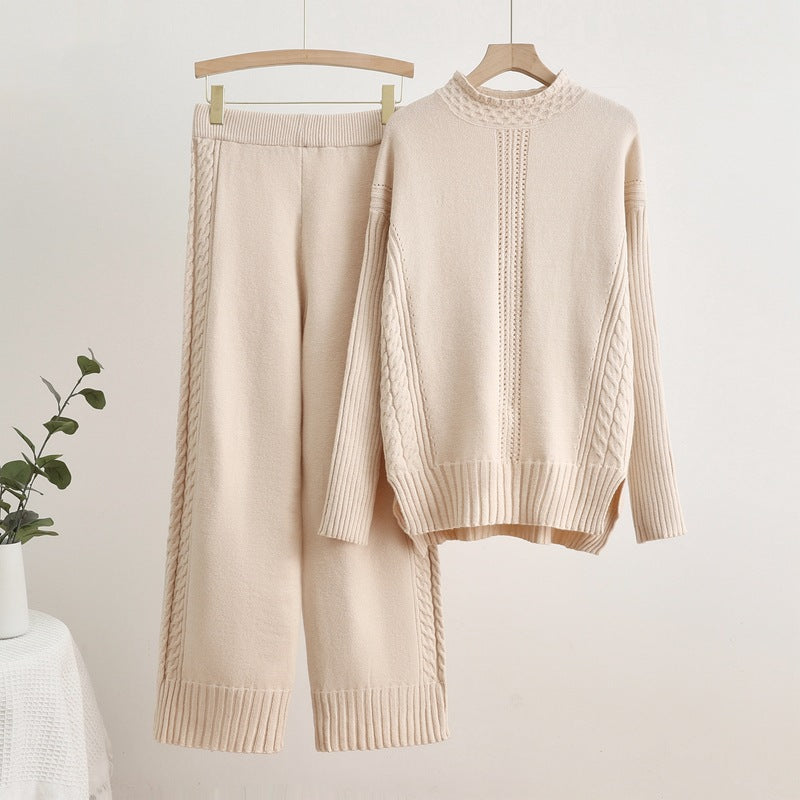 Damen komfortables Strick-Loungewear-Set mit hohen Bündchen und dekorativen Zopfmustern Drune
