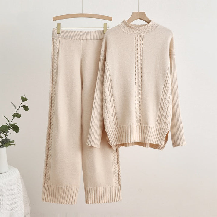 Damen komfortables Strick-Loungewear-Set mit hohen Bündchen und dekorativen Zopfmustern Drune