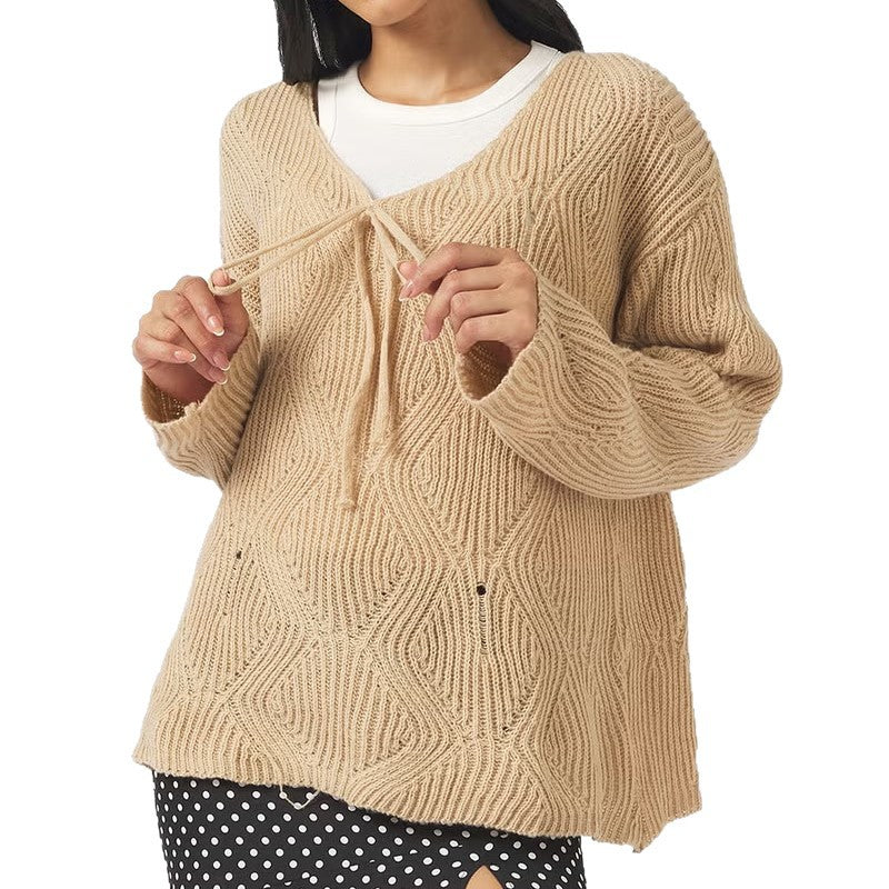 Damen Oversize Strickpullover mit V-Ausschnitt, Kordelzug und Rautenstruktur Drune