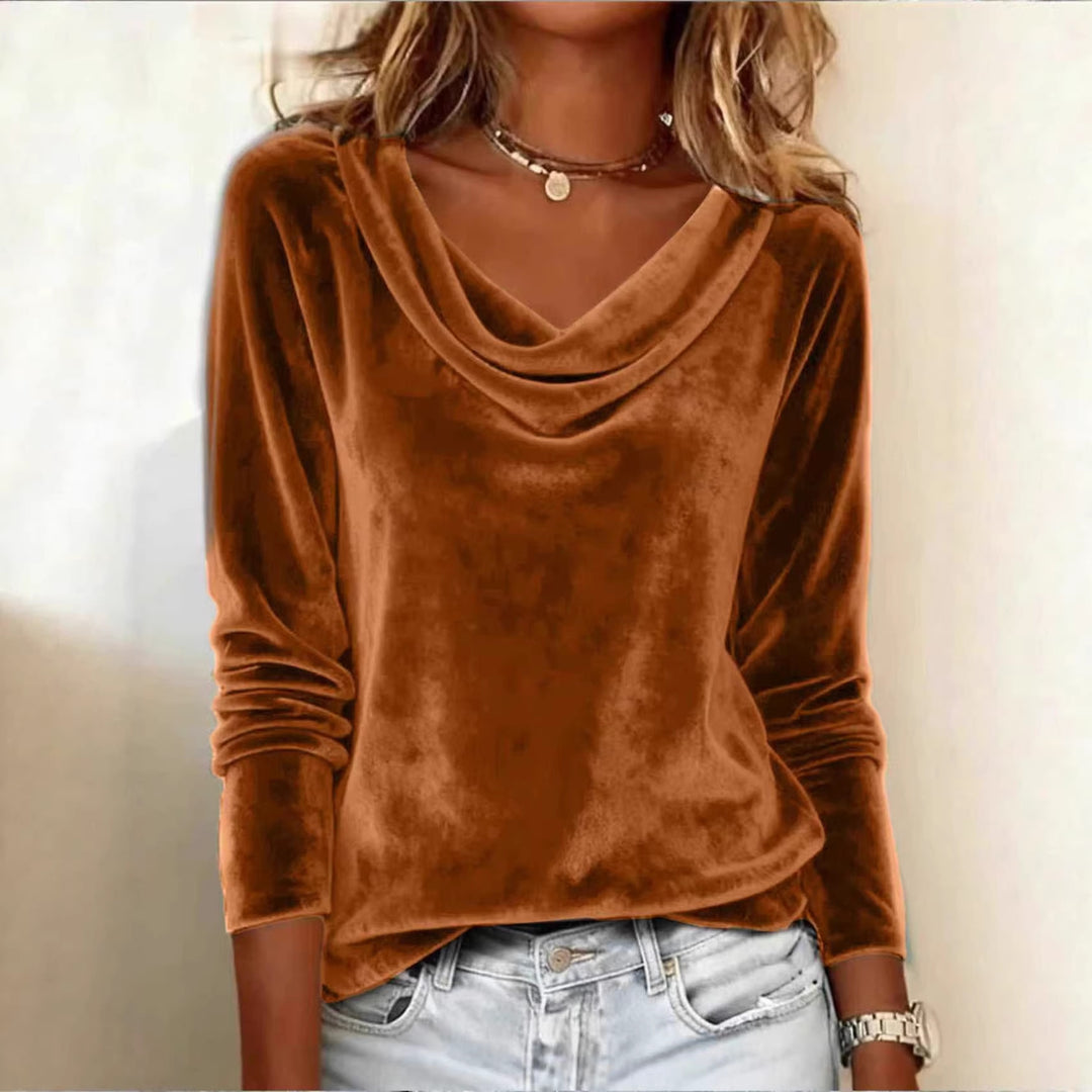 Damen Samt-Longsleeve mit Wasserfallkragen und legerem Schnitt Drune