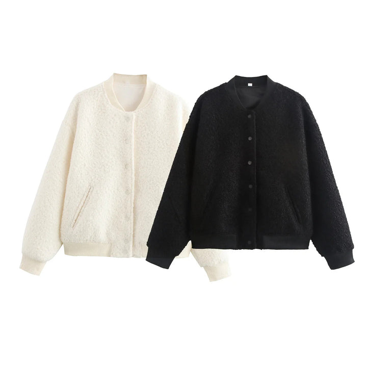 Damen nan kuschelige Teddy-Bomberjacke im College‑Style mit verdeckter Druckknopfleiste und eingearbeiteten Taschen Drune