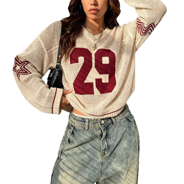 Damen Oversize Netz-Strick Cropped Pullover mit V-Ausschnitt Drune