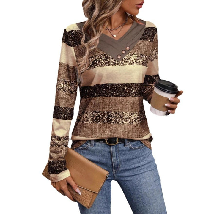 Damen modischer V-Ausschnitt Pullover mit Glitzerstreifen und Knopfdetails Drune
