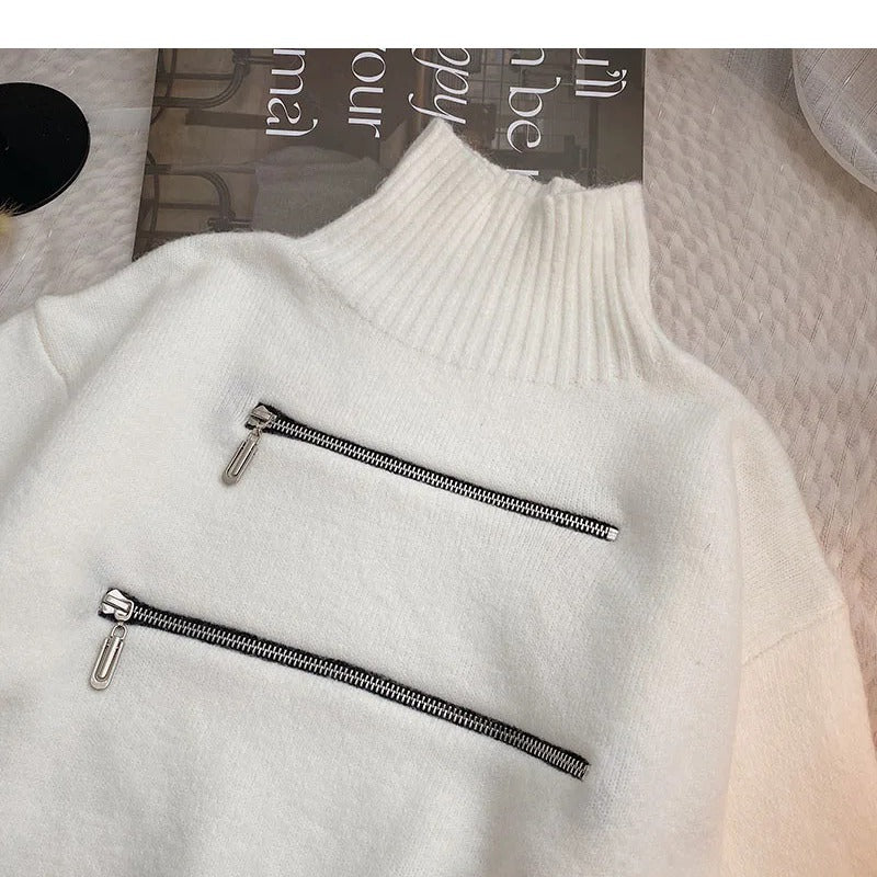 Damen stylischer Stehkragenpullover mit zwei asymmetrischen Reißverschlusstaschen und fransigem Saum Drune