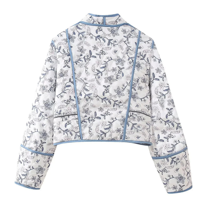 Damen nan gesteppte kurze Wende-Kimonojacke mit floraler Allover‑Steppung, offenem V‑Ausschnitt und kontrastierender Paspel Drune