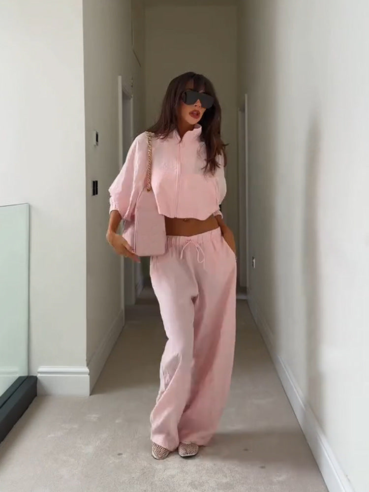 Damen Lässiges Satin-Trackset mit kurzem Reißverschluss-Top & weitem Tunnelzug-Hose Drune