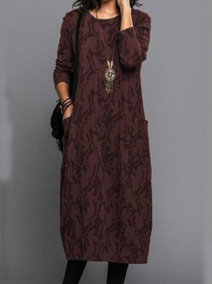 Damen nan locker geschnittenes Midikleid aus Feinstrick mit Ton-in-Ton-Jacquard, Rundhalsausschnitt und seitlichen Eingrifftaschen Drune