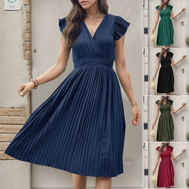 Damen Plissee Midi-Kleid mit V-Ausschnitt und voluminösen Ärmeln Drune