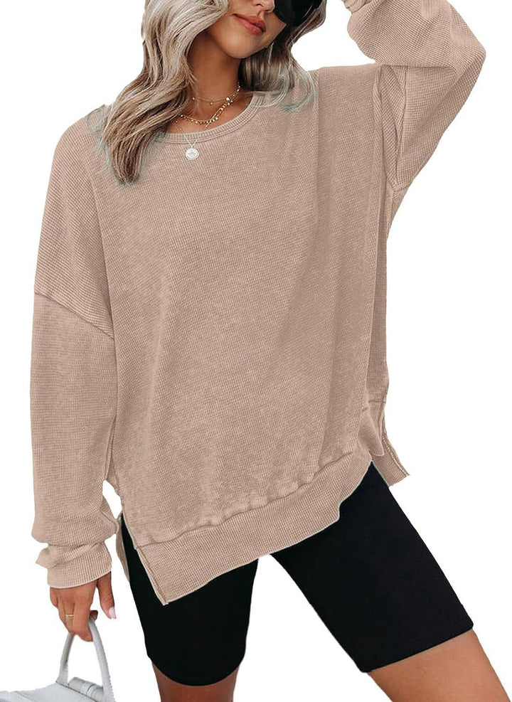 Damen Lässiger Waffelpullover mit modernen Seitenschlitzen Drune