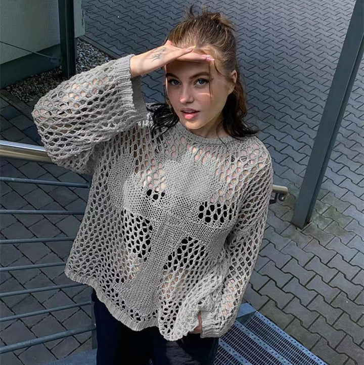 Damen luftiger Strickpullover mit offenem Netzdesign Drune