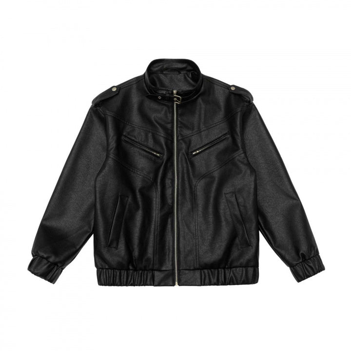 Herren Boxy Kunstleder-Blouson mit Stehkragen, Schulterklappen und elastischem Saum Drune