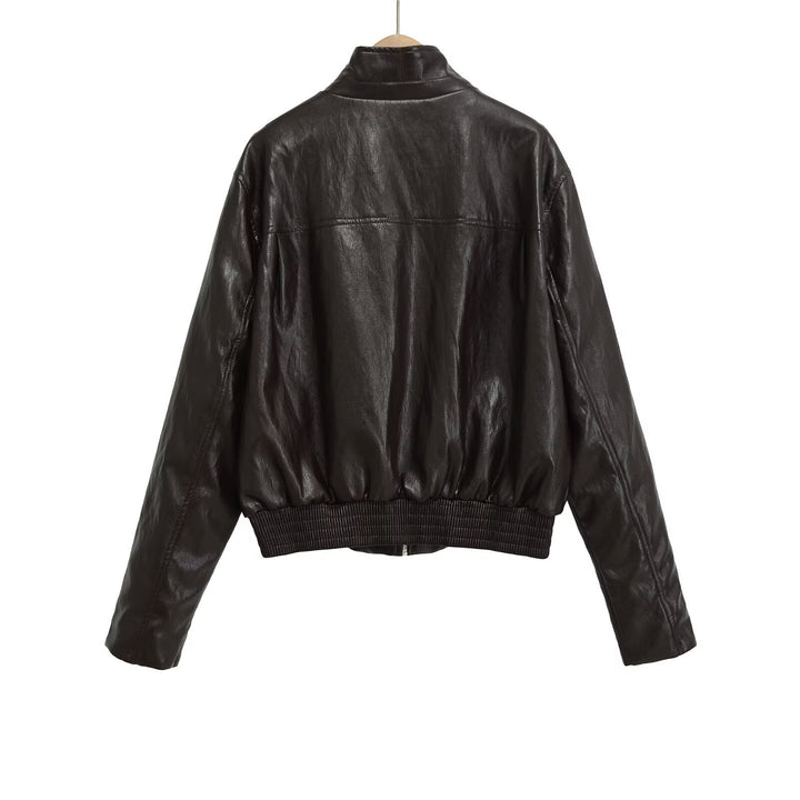 Damen Oversized-Lederblouson im Bomberstil mit Stehkragen und geripptem Saum Drune