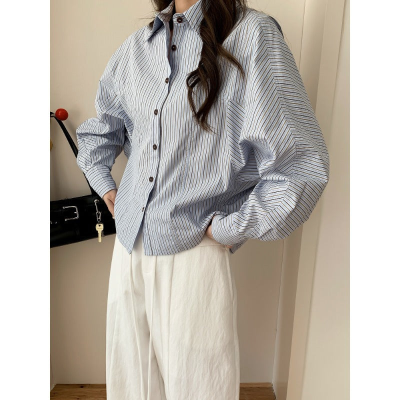 Damen Oversized Hemdbluse mit Streifenmuster und Ballonärmeln Drune